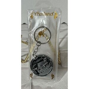 Thailand Souvenir Keychain Elephant and Temple Design Silver Tone Pewter